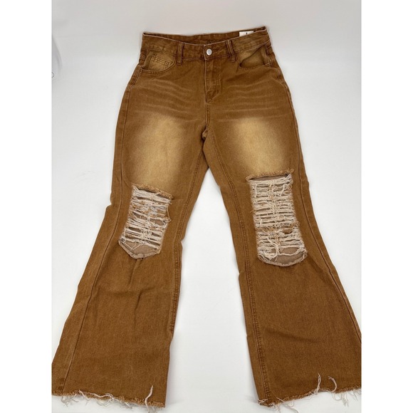 The Unbranded Brand Denim - Boho grunge tan Cropped Flare distressed Raw Hem stretch Denim jeans festival M